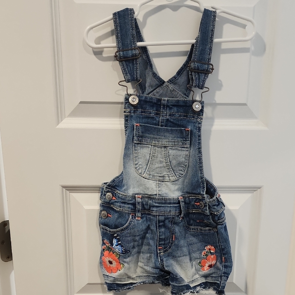 Jordache Coral/Pink and Blue Overalls with Frayed Details Embroidered Butterfly